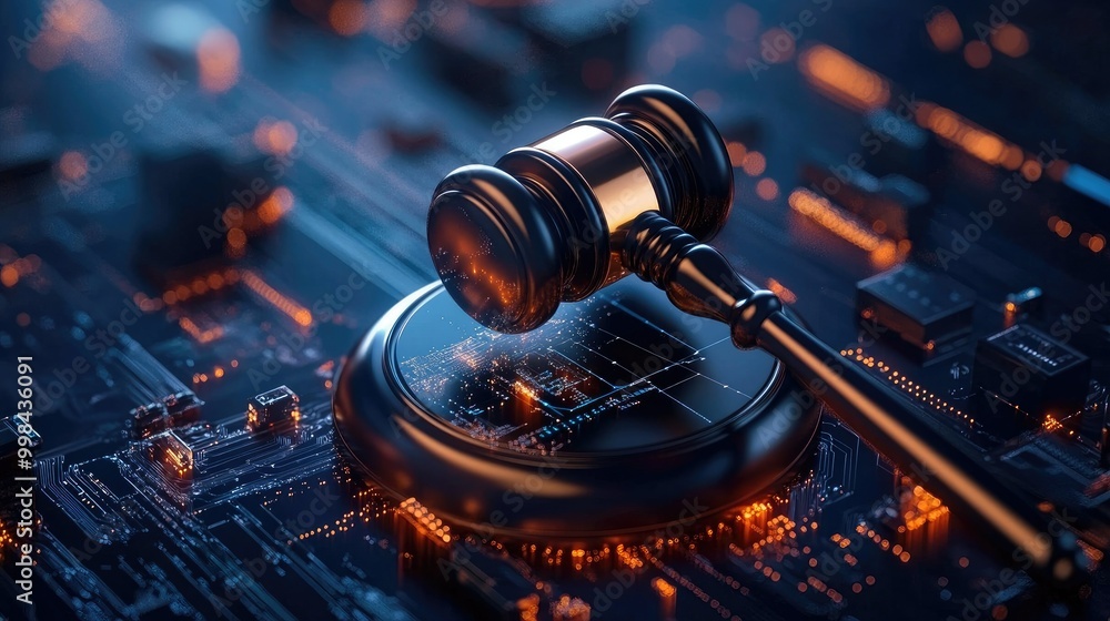 Abstract tech background with a judge gavel, blending justice with advanced technology. Abstract tech background with a judge gavel, blending justice with advanced technology.