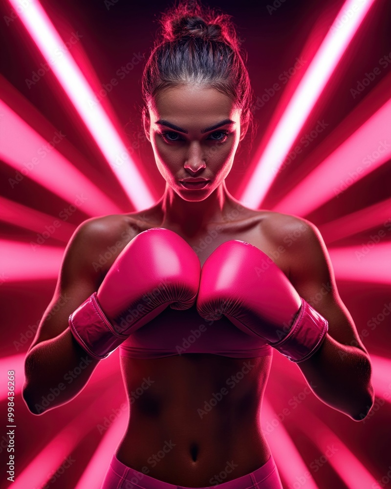 Confident Women in Pink Boxing Gloves with Neon Background Confident Women in Pink Boxing Gloves with Neon Background