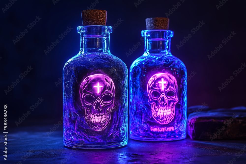 A mystical glass bottle glowing with vibrant liquid illuminates the dark surroundings, evoking an eerie yet enchanting atmosphere A mystical glass bottle glowing with vibrant liquid illuminates the dark surroundings, evoking an eerie yet enchanting atmosphere
