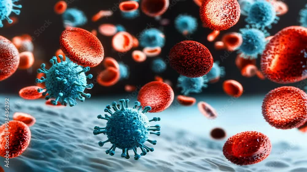 Virus particles red blood cells in high detail Virus particles red blood cells in high detail
