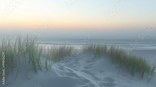 Serene coastal sand dunes with windswept grasses stretching towards a misty horizon, creating a tranquil beach landscape with smooth textures and soft natural light