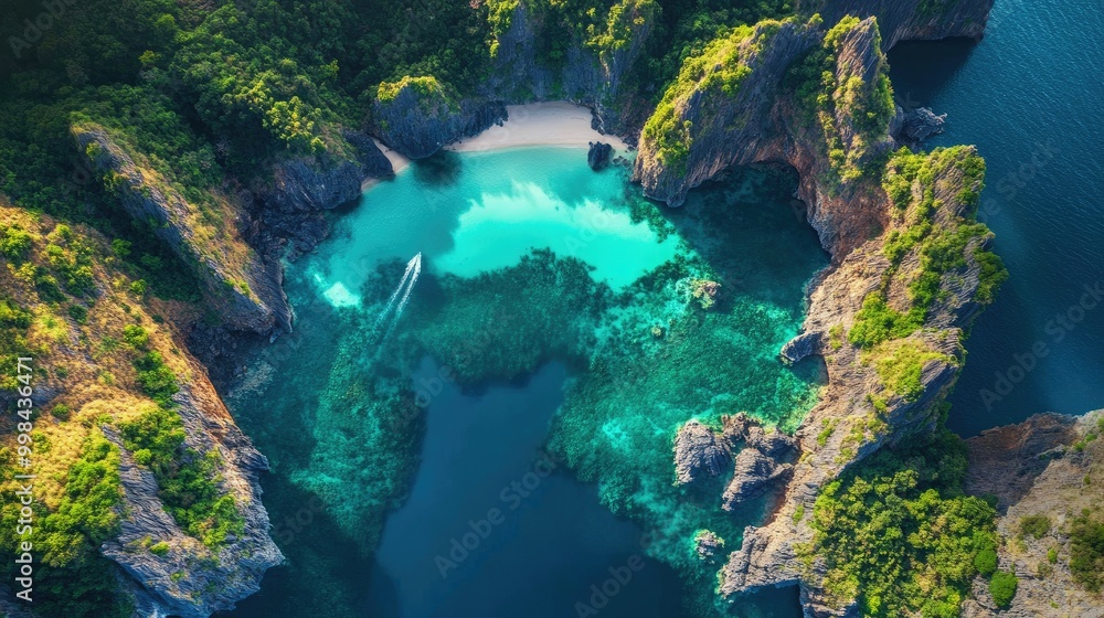 Aerial view of a scenic bay with turquoise water, surrounded by jagged cliffs and tropical forest. Aerial view of a scenic bay with turquoise water, surrounded by jagged cliffs and tropical forest.