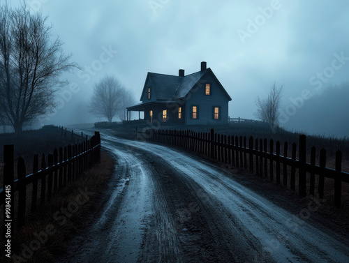 A secluded house with glowing windows on a misty evening, surrounded by a winding road.