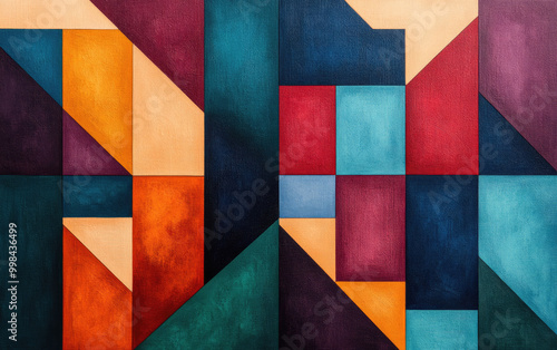 Abstract geometric painting with vibrant colors and bold shapes on canvas.