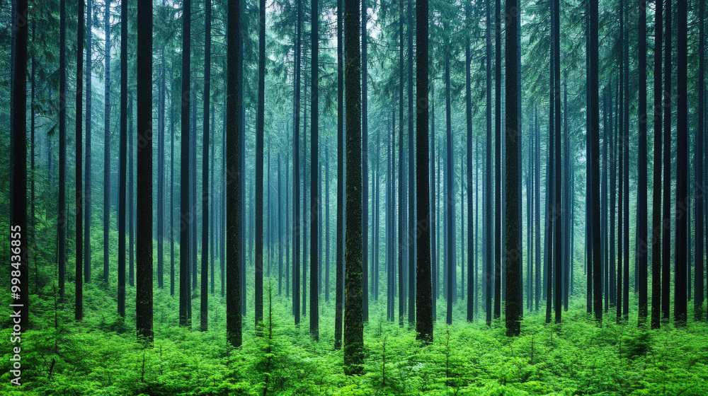 Fototapeta premium Dense forest with tall trees and lush greenery, showcasing nature's tranquility.