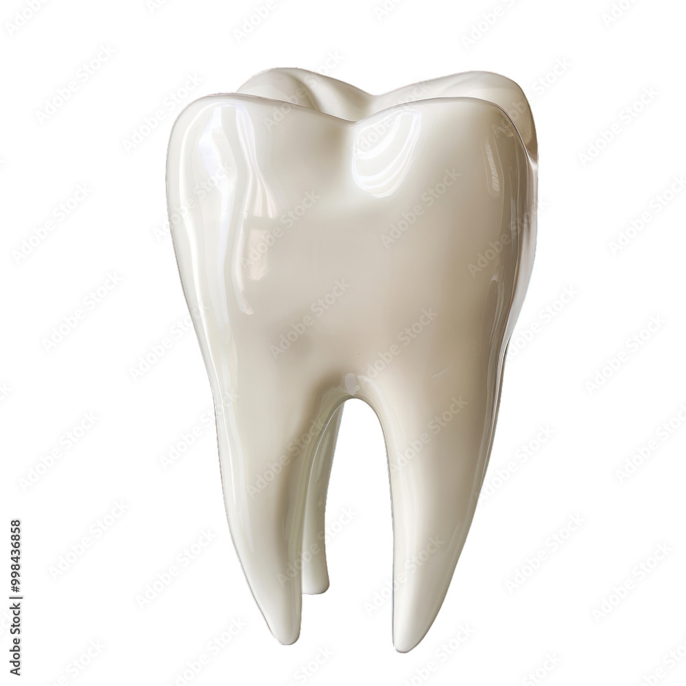Shiny white tooth standing on white background, perfect for dental health and hygiene related visuals Shiny white tooth standing on white background, perfect for dental health and hygiene related visuals
