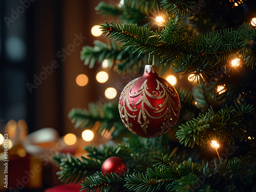 A Christmas tree adorned with red baubles and glowing lights.