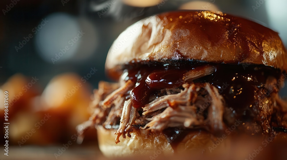 mouthwatering closeup of pulled pork sandwich tendrils of steam rising glistening bbq sauce dripping enticingly mouthwatering closeup of pulled pork sandwich tendrils of steam rising glistening bbq sauce dripping enticingly