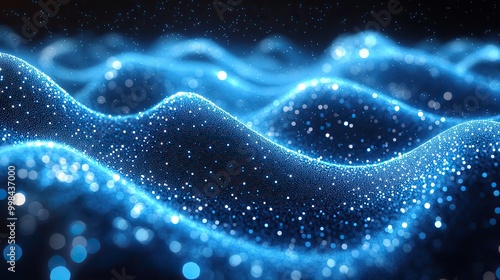 An abstract blue digital background showcasing particles, lines, and dots connecting in a wave-like flow, emphasizing technology and social media connections. photo