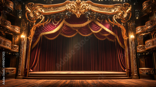 Opulent theater stage with burgundy curtains and gold details under dramatic spotlight photo