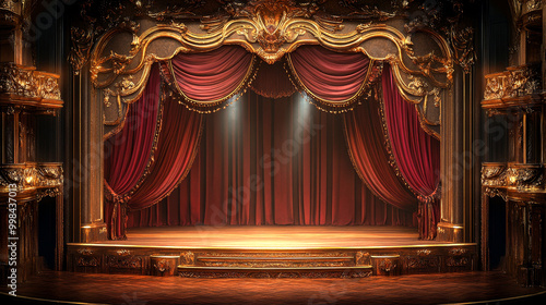 Opulent theater stage with burgundy curtains and gold details under dramatic spotlight