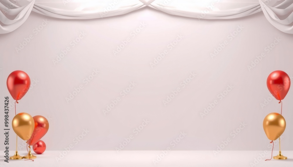 Red and gold balloons with white drapes on a light pink background. Red and gold balloons with white drapes on a light pink background.