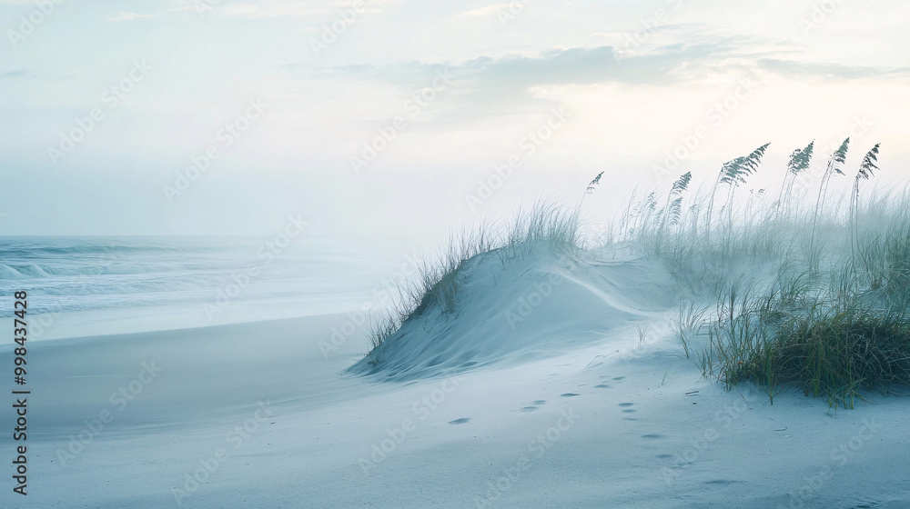 Obraz premium Serene coastal sand dunes with windswept grasses stretching towards a misty horizon, creating a tranquil beach landscape with smooth textures and soft natural light