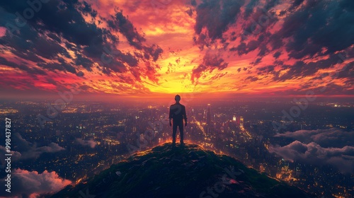 Wallpaper Mural A figure standing on top of the world, overlooking an expansive landscape bathed in vibrant hues under a starlit sky, in the style of psychedelic art Torontodigital.ca