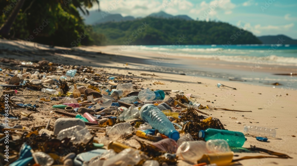 Scenic Tropical Beach Covered in Plastic Pollution and Environmental Debris Littering the Shoreline Scenic Tropical Beach Covered in Plastic Pollution and Environmental Debris Littering the Shoreline
