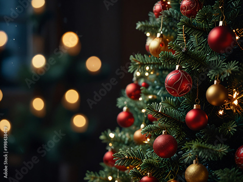 A Christmas tree adorned with red baubles and glowing lights.