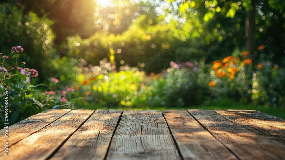 Fototapeta premium An empty wooden table in a vibrant backyard garden, perfect for hosting outdoor dinners or gatherings