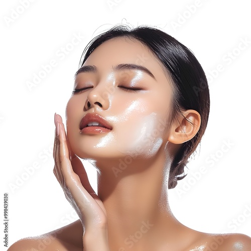 asain woman Apply to the skin in white bg