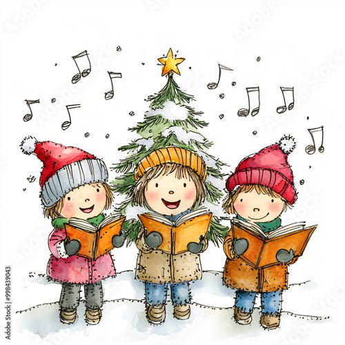 Children singing Christmas carols in front of a decorated tree, festive winter illustration with colorful coats, hats, and mittens, snow, and music notes in a joyful holiday scene