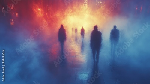 An abstract blurred technology space background with empty areas and silhouettes of unrecognizable people.