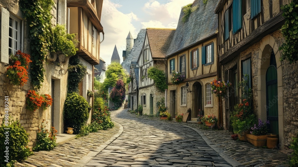 Fototapeta premium Ancient cobblestone street winding through a quaint European village lined with colorful houses.