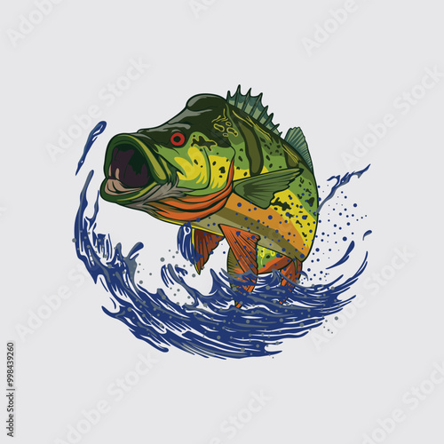 vector logo jump Peacock Bass fish