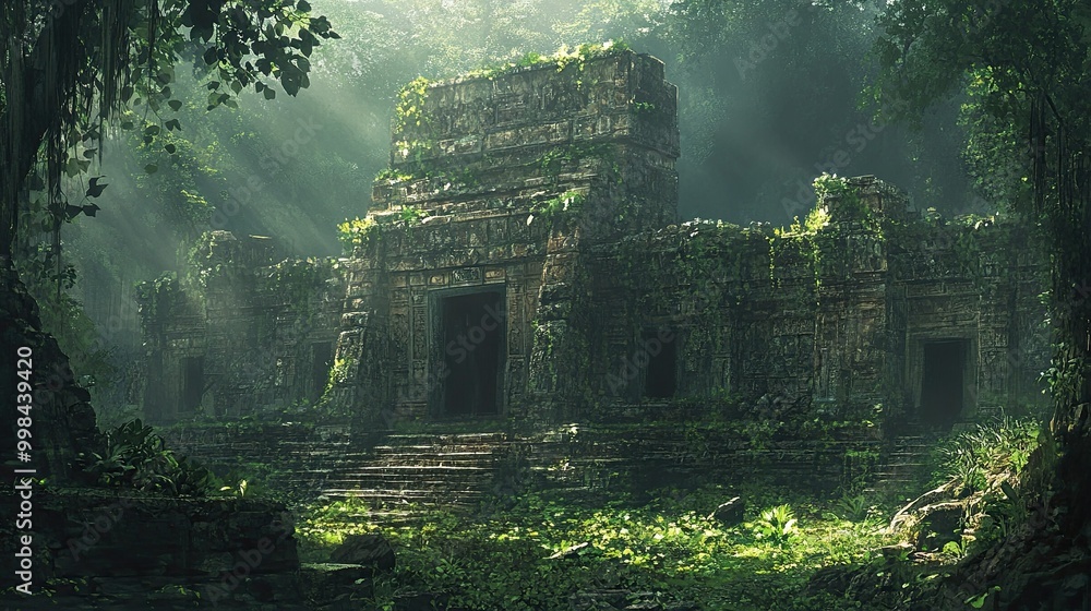 Ancient temple ruins surrounded by thick jungle and overgrown vines, evoking a sense of mystery. Ancient temple ruins surrounded by thick jungle and overgrown vines, evoking a sense of mystery.