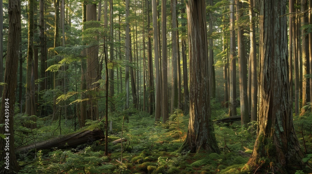 Serene Evergreen Forest Landscape with Lush Foliage and Winding Trail Serene Evergreen Forest Landscape with Lush Foliage and Winding Trail