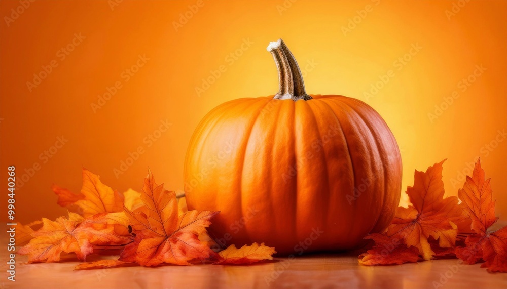 pumpkin on orange background with autumn leaves, concept of autumn and holidays halloween and harvest, with space for text pumpkin on orange background with autumn leaves, concept of autumn and holidays halloween and harvest, with space for text