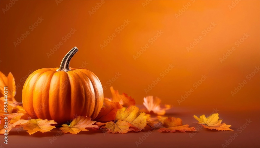 pumpkin on orange background with autumn leaves, concept of autumn and holidays halloween and harvest, with space for text pumpkin on orange background with autumn leaves, concept of autumn and holidays halloween and harvest, with space for text