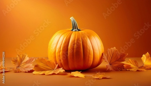 pumpkin on orange background with autumn leaves, concept of autumn and holidays halloween and harvest, with space for text