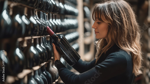 Woman selecting a bottle of wine in a traditional cellar. Concept of wine tasting, winery visit, and buying wine.