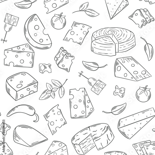 Different types of cheese hand engraving seamless pattern. Hand drawn ink cheese background. Print with dairy cheeses of different varieties and shapes for packaging, paper, design, vector graphics