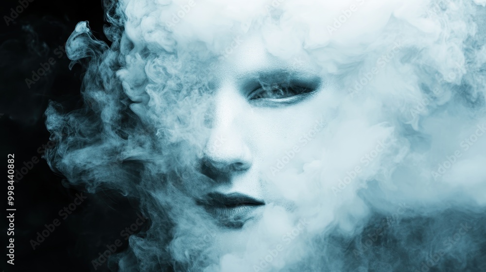 Ethereal face shrouded in smoke, evoking mystery and intrigue with a haunting, dreamlike quality against a dark backdrop. Ethereal face shrouded in smoke, evoking mystery and intrigue with a haunting, dreamlike quality against a dark backdrop.