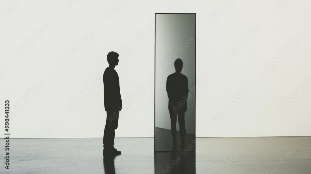 Fototapeta premium A silhouette stands before a tall mirror, creating a thought-provoking contrast between self-perception and reflection in a minimalist setting.