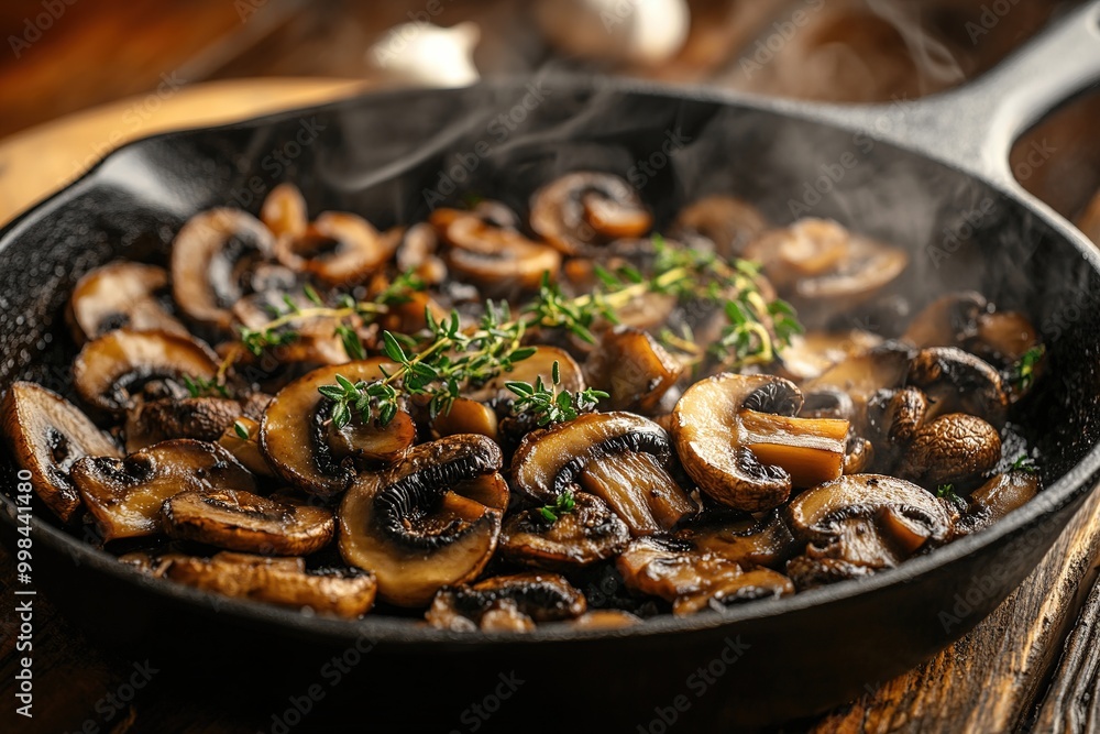 Fototapeta premium Sautéed mushrooms with fresh herbs in a cast iron skillet, steaming and ready to serve