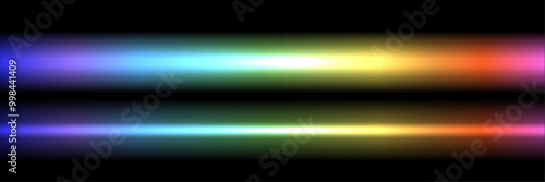 Neon light laser line in white, yellow, red, pink, blue and green colors. Vector night realistic electric stripes fluorescent led light bar collection isolated on black background.