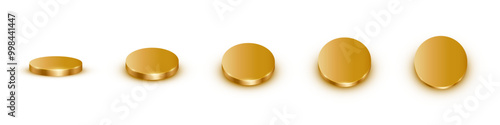 Gold podiums. Golden 3d round metal platforms for product presentation or winner award ceremony in different angles view. Set of luxury empty stages on white background. Realistic vector illustration.