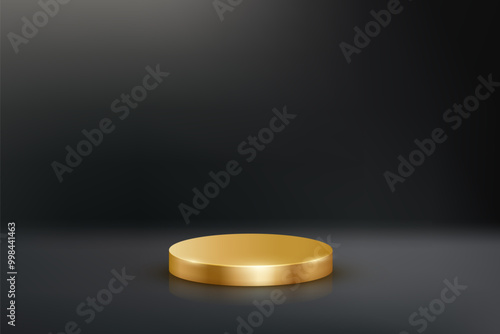 Gold podium for awards or product display vector illustration. Empty 3d golden stage on black background. Luxury elegant platform for cosmetics presentation, ceremony pedestal for winners.