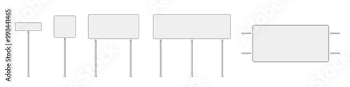 Road traffic signs of different shapes on metal poles vector illustration set. 3d realistic white blank street signboards. Isolated empty roadside signposts to notice information, danger, guide.