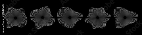 Circular sound waves. Abstract circular lines pattern. Music audio bursts. Ring of thin rays with wavy silhouette. Radial spectrum design. White geometric waveform vector set isolated on black.