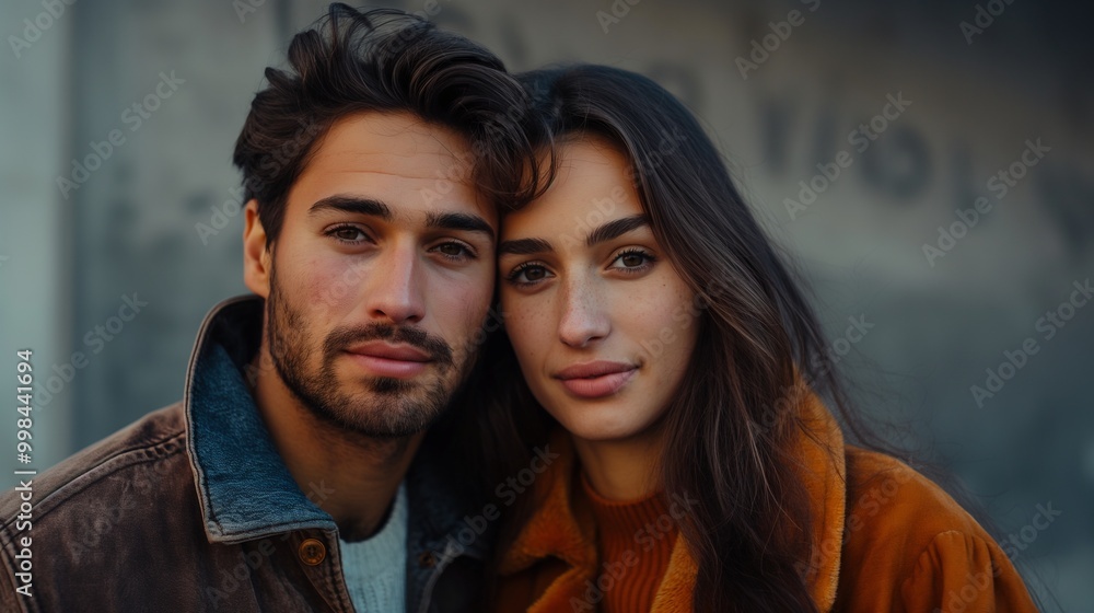 Stylish middle eastern couple stands closely together portrait image. Boyfriend girlfriend wears cozy jackets picture photorealistic photography. Fall fashion concept photo realistic Stylish middle eastern couple stands closely together portrait image. Boyfriend girlfriend wears cozy jackets picture photorealistic photography. Fall fashion concept photo realistic