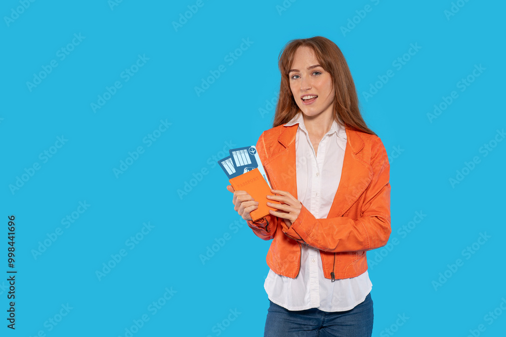 Young Woman Holding Travel Documents With Excitement in Bright Blue Studio Backdrop Young Woman Holding Travel Documents With Excitement in Bright Blue Studio Backdrop