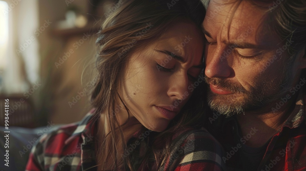 Couple sits closely, leaning heads together with eyes closed closeup image. Plaid shirts husband supporting wife close up photography. Intimate reflective moment concept photo realistic Couple sits closely, leaning heads together with eyes closed closeup image. Plaid shirts husband supporting wife close up photography. Intimate reflective moment concept photo realistic