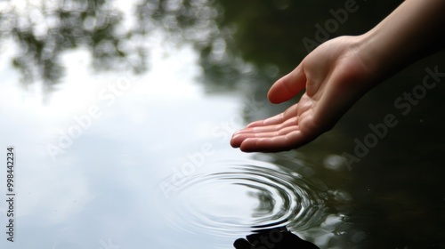 A serene hand reaching out to touch the still water, creating ripples that symbolize tranquility and connection with nature.