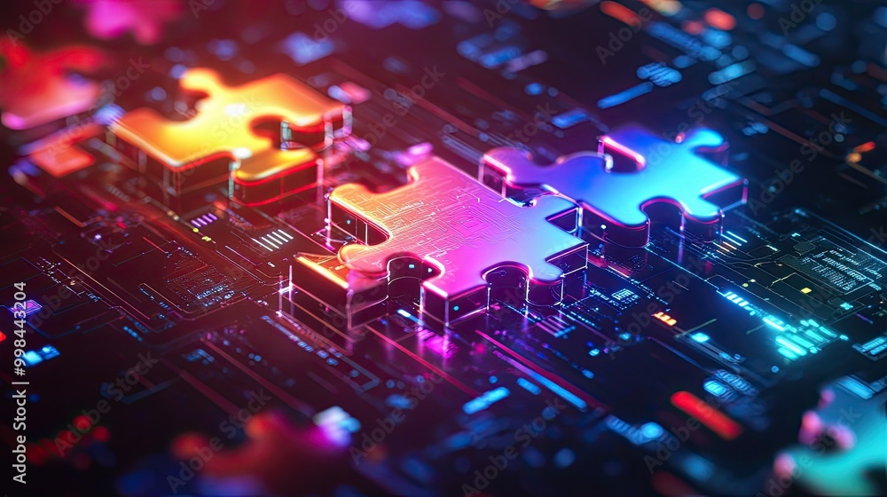 Bright neon puzzle pieces assembling on a high-tech digital background, symbolizing API integration and connectivity Bright neon puzzle pieces assembling on a high-tech digital background, symbolizing API integration and connectivity