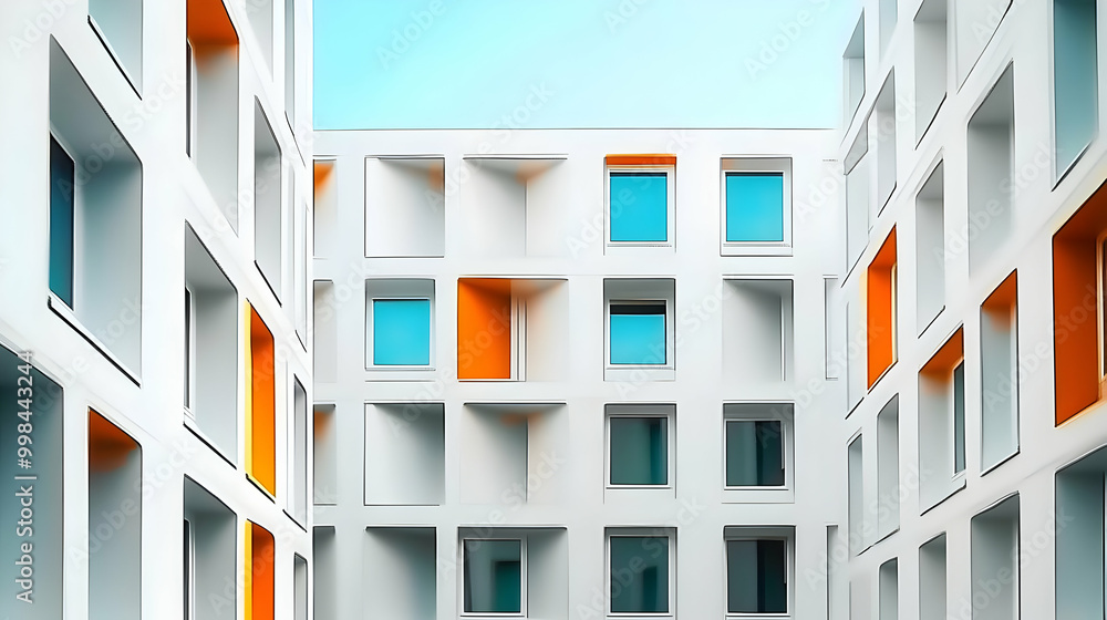 Modern White Building with Geometric Windows Modern White Building with Geometric Windows