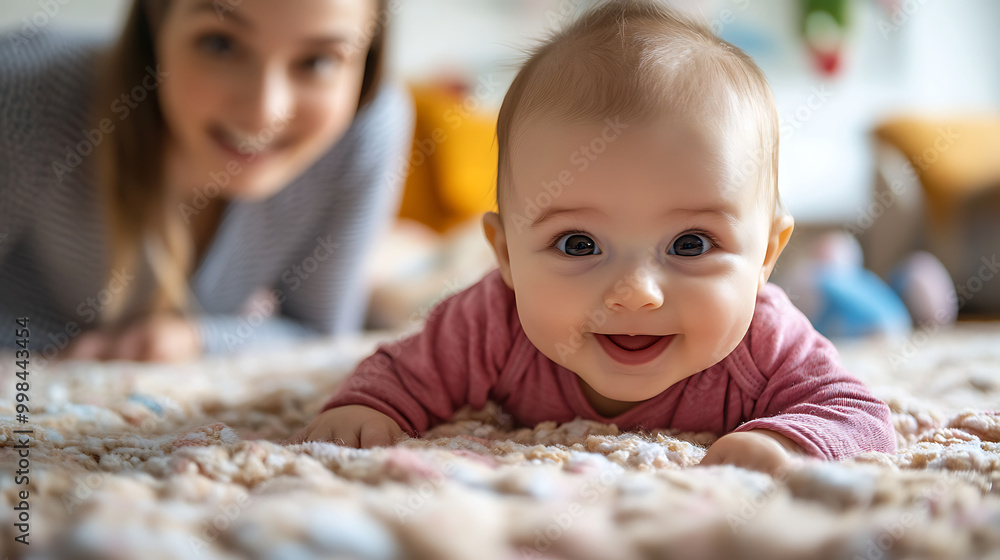 Happy baby crawling on a soft carpet with smiling parent in the background. Happy baby crawling on a soft carpet with smiling parent in the background.
