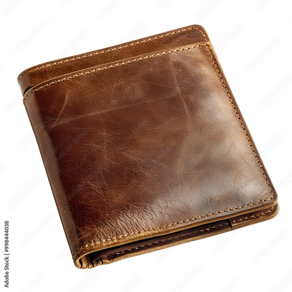 Closed brown leather wallet is lying on a white background