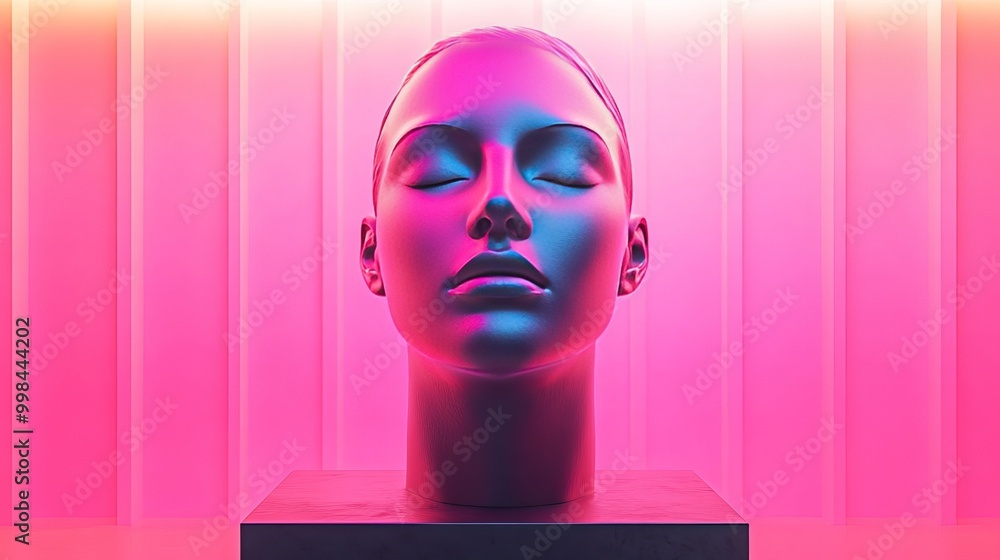 A woman's head is shown in a pink background A woman's head is shown in a pink background